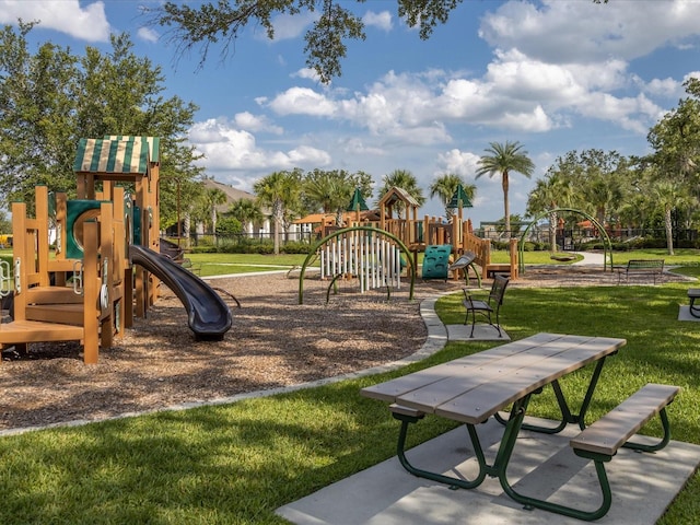 view of jungle gym with a yard