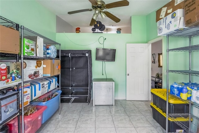 storage room featuring ceiling fan