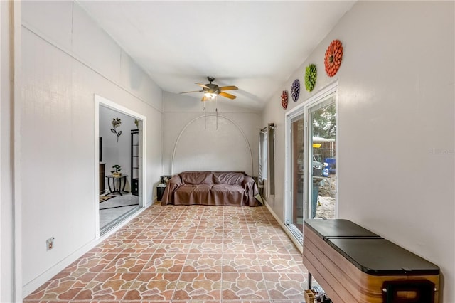 bedroom featuring access to outside and ceiling fan