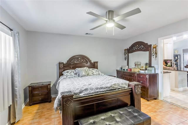 bedroom with light tile patterned floors and ceiling fan