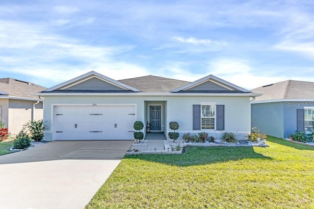 single story home with a garage and a front yard