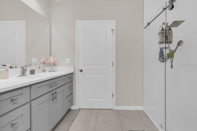 bathroom with vanity, tile patterned flooring, and a shower