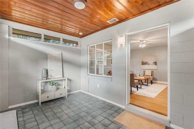 entryway featuring tile patterned floors, wooden ceiling, and ceiling fan