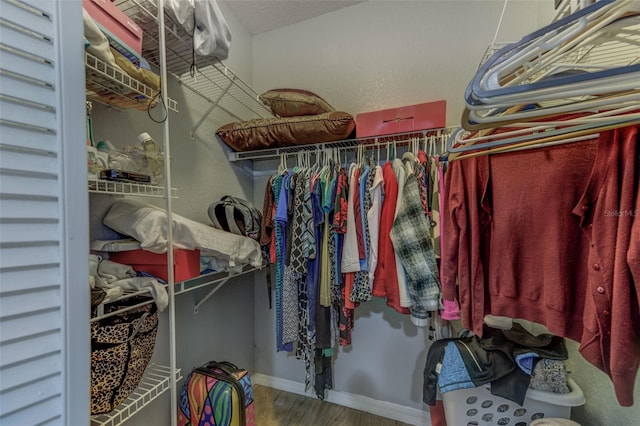 walk in closet with wood-type flooring