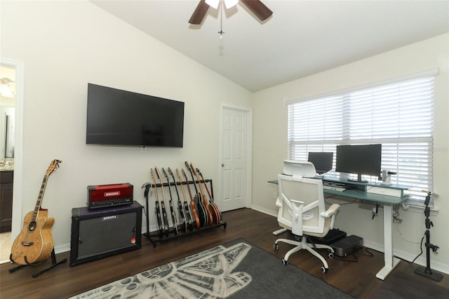 office area with lofted ceiling, dark wood-type flooring, and ceiling fan