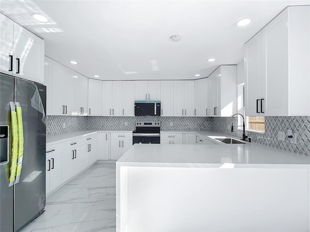 kitchen featuring kitchen peninsula, stainless steel appliances, sink, white cabinets, and decorative backsplash