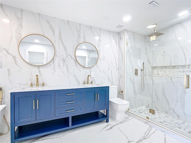 bathroom featuring vanity, toilet, and a shower with door