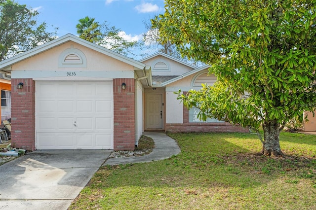 ranch-style house with a garage and a front yard