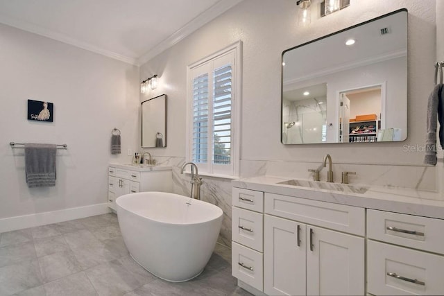 bathroom featuring vanity, a bathtub, ornamental molding, and tile walls