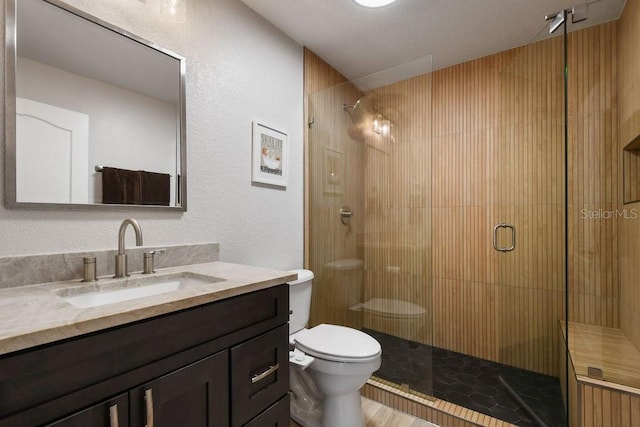 bathroom with vanity, toilet, and walk in shower