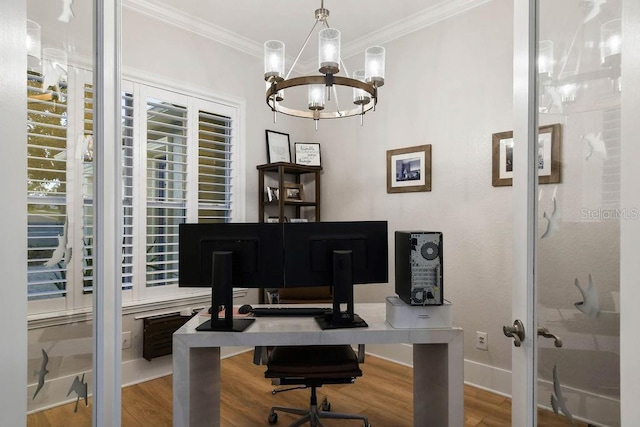 office featuring crown molding, wood-type flooring, a chandelier, and french doors