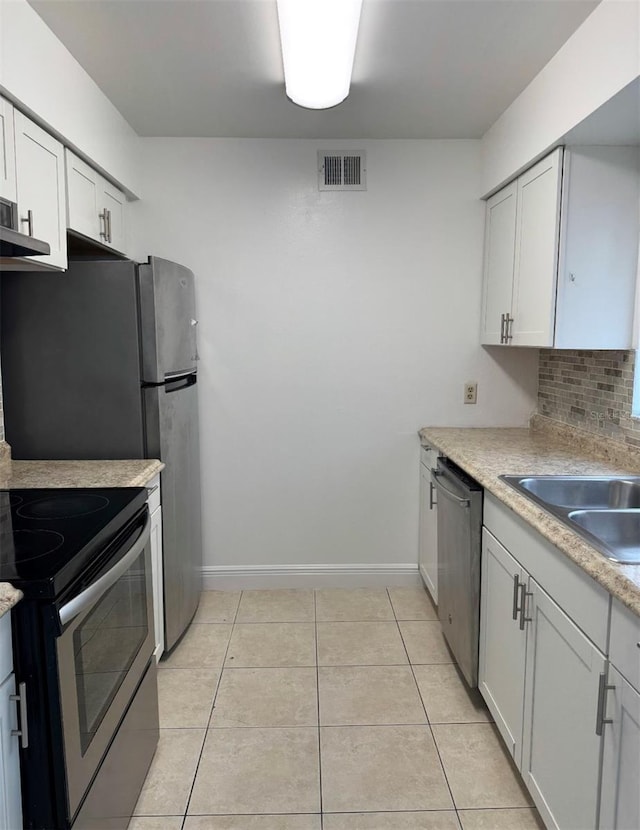 kitchen featuring stainless steel appliances, white cabinetry, sink, and tasteful backsplash