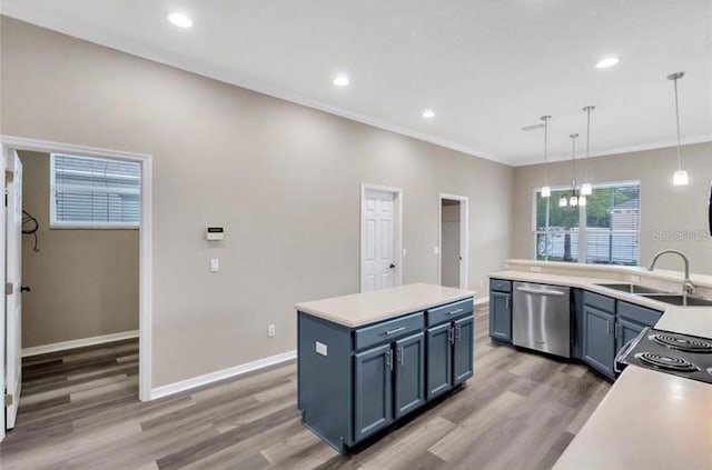 kitchen with pendant lighting, sink, blue cabinetry, dishwasher, and a center island