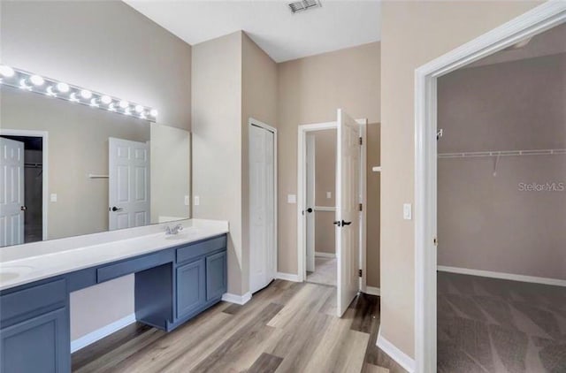 bathroom with hardwood / wood-style flooring and vanity