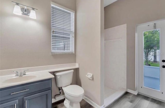 bathroom with vanity, wood-type flooring, toilet, and walk in shower