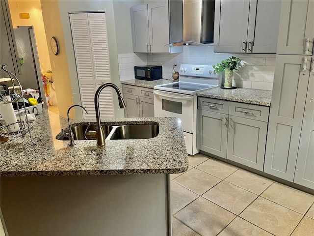 kitchen with sink, decorative backsplash, light stone counters, white range with electric cooktop, and wall chimney range hood