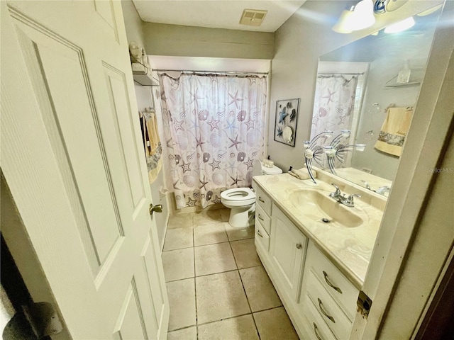 full bathroom with vanity, tile patterned floors, toilet, and shower / bathtub combination with curtain