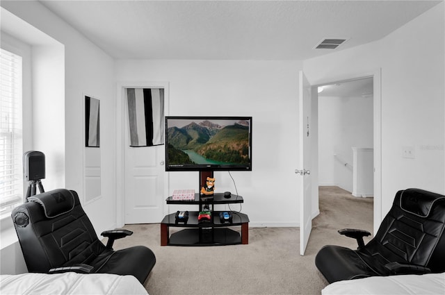 carpeted living room with a textured ceiling