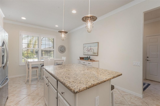 kitchen featuring a kitchen island, white cabinetry, hanging light fixtures, ornamental molding, and stainless steel refrigerator with ice dispenser