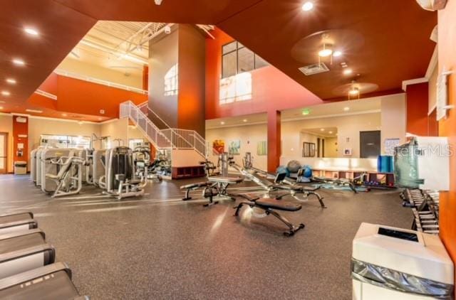 gym featuring a towering ceiling