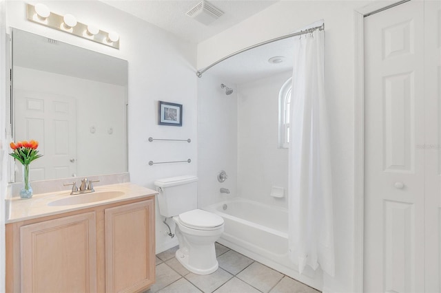 full bathroom with shower / bath combination with curtain, vanity, tile patterned floors, and toilet