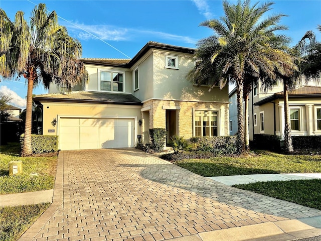 view of front of home featuring an attached garage, decorative driveway, and stucco siding