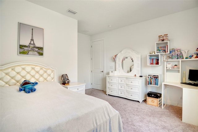 bedroom with light carpet and visible vents