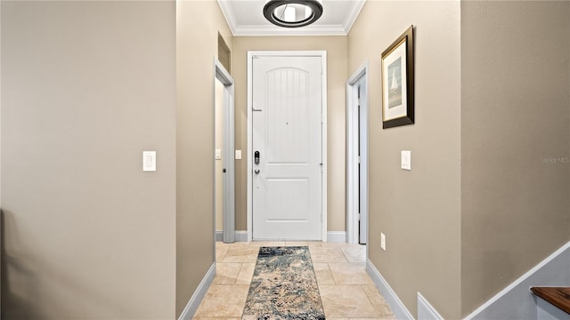 doorway to outside featuring ornamental molding