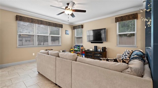 living room featuring light tile patterned floors, crown molding, plenty of natural light, and ceiling fan