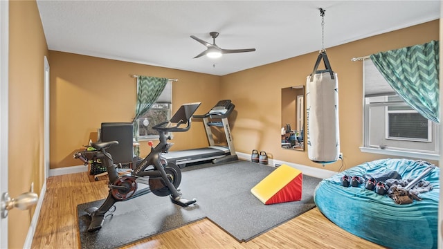 exercise room featuring wood-type flooring and ceiling fan