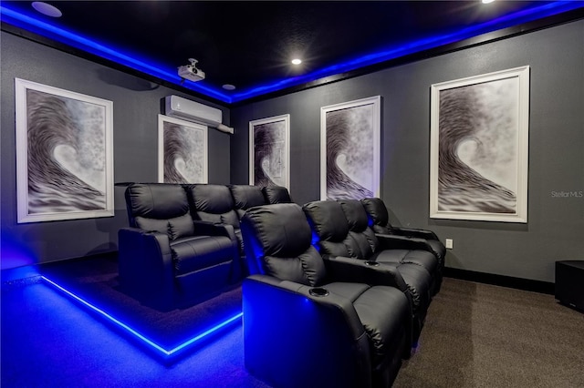 cinema with carpet flooring and a wall mounted AC