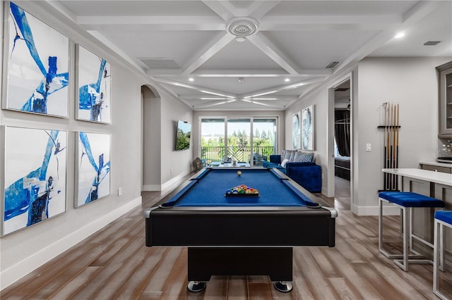 rec room with pool table, coffered ceiling, beam ceiling, and light wood-type flooring