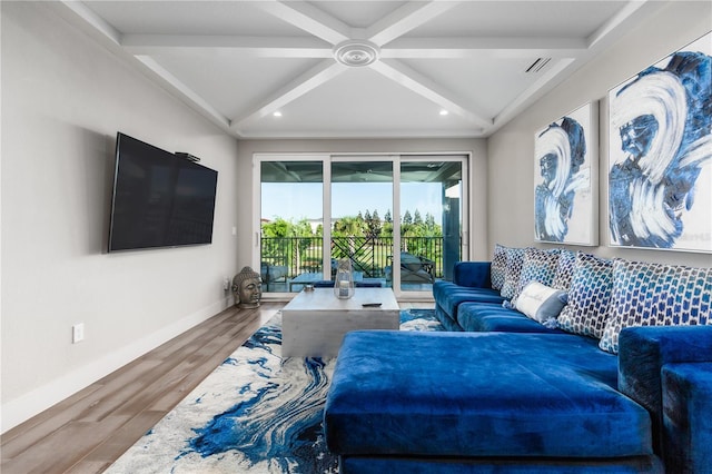 living room with hardwood / wood-style flooring, coffered ceiling, and beamed ceiling