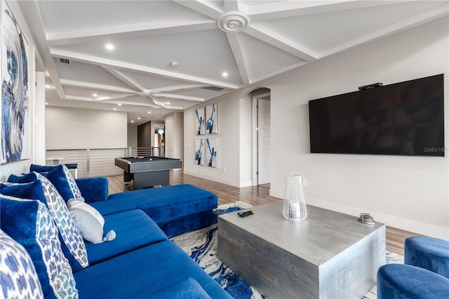 living room featuring lofted ceiling with beams, hardwood / wood-style flooring, pool table, and ceiling fan