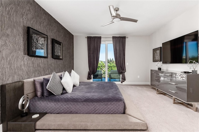 bedroom featuring carpet, access to outside, and ceiling fan