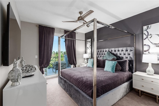 carpeted bedroom featuring access to outside and ceiling fan