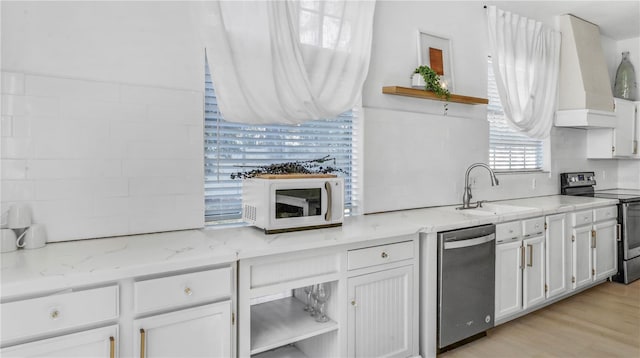 kitchen featuring tasteful backsplash, sink, white cabinets, stainless steel appliances, and custom range hood