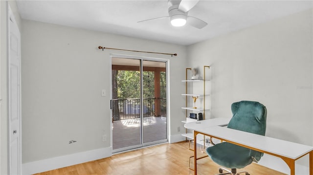 office featuring hardwood / wood-style flooring and ceiling fan