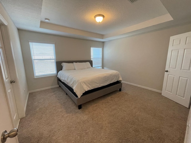 bedroom featuring light colored carpet, a raised ceiling, and multiple windows