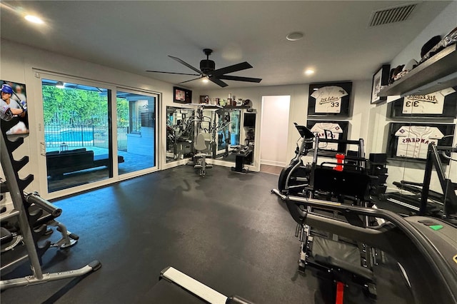 gym featuring ceiling fan