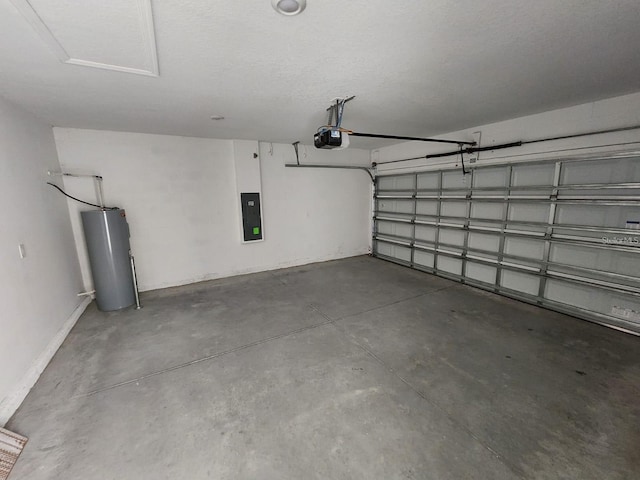 garage featuring a garage door opener, electric panel, and water heater