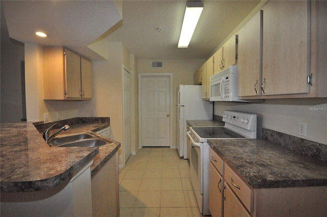 kitchen with sink, white appliances, and light tile patterned floors