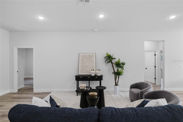 living room with a textured ceiling and light wood-type flooring