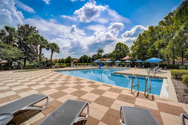 view of swimming pool featuring a patio