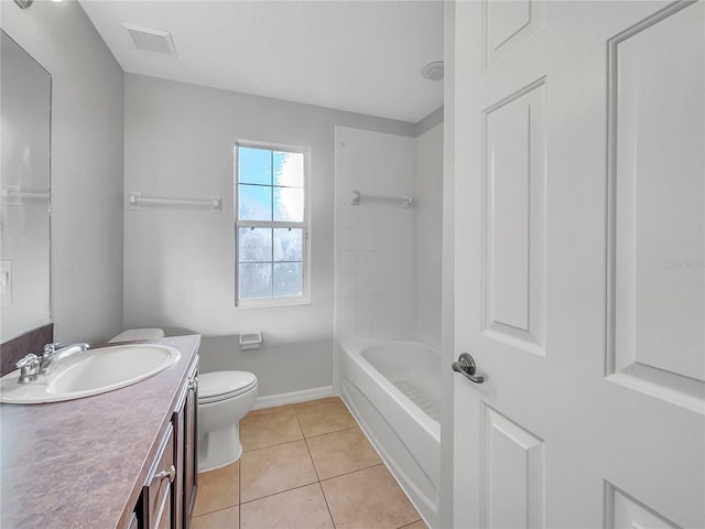 full bathroom with shower / bathtub combination, vanity, toilet, and tile patterned flooring