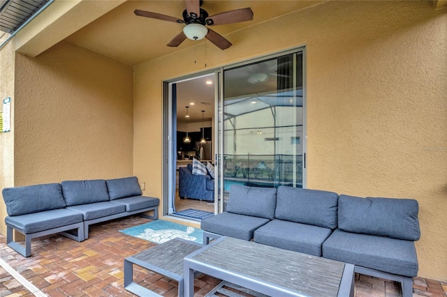 view of patio / terrace featuring ceiling fan and an outdoor hangout area