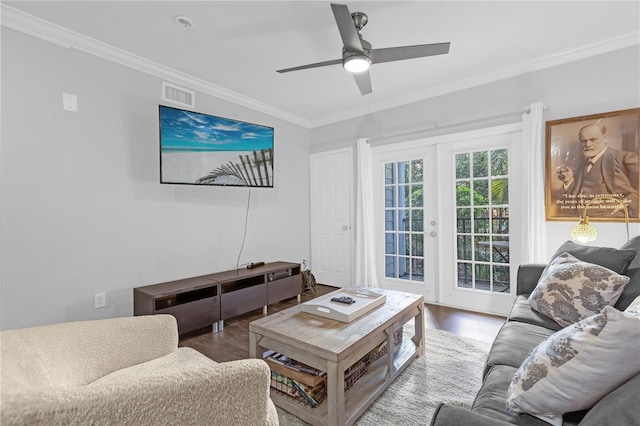 living room with french doors, ceiling fan, ornamental molding, and hardwood / wood-style floors