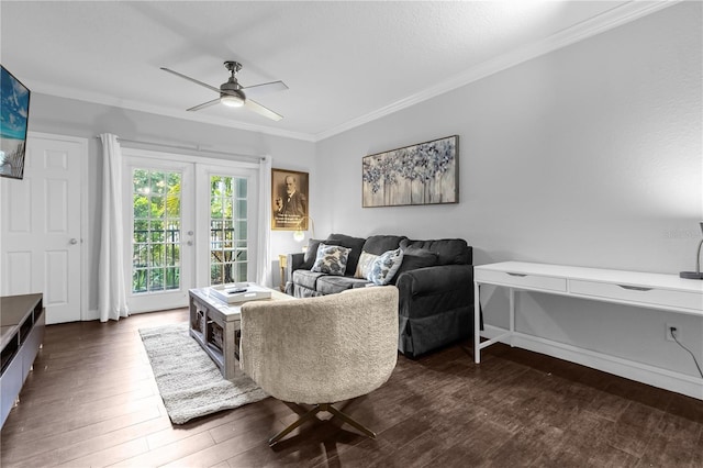 living room featuring crown molding, ceiling fan, dark hardwood / wood-style flooring, and french doors