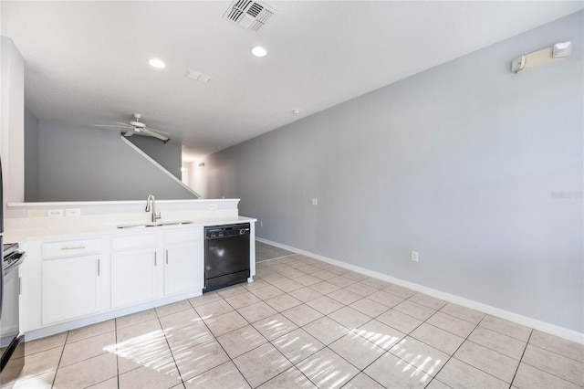 kitchen featuring sink, white cabinetry, light tile patterned floors, black dishwasher, and ceiling fan