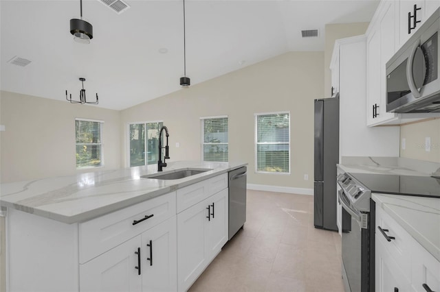 kitchen with pendant lighting, an island with sink, sink, white cabinets, and stainless steel appliances